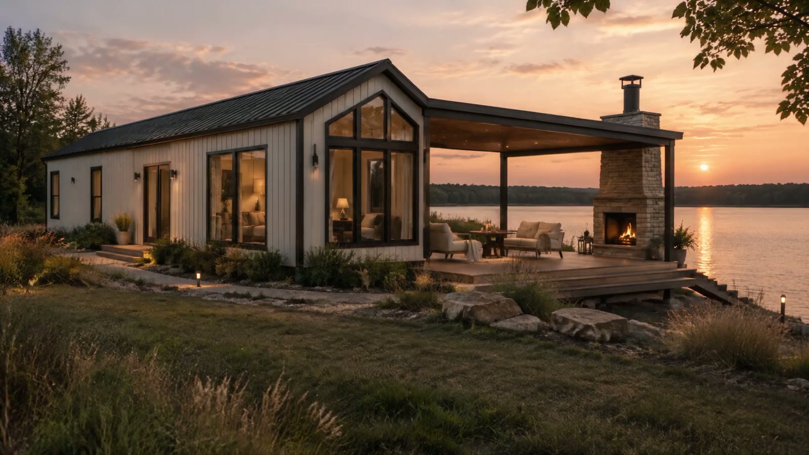 Illustrative lake concept of a cream gable-roof park model and separate covered deck