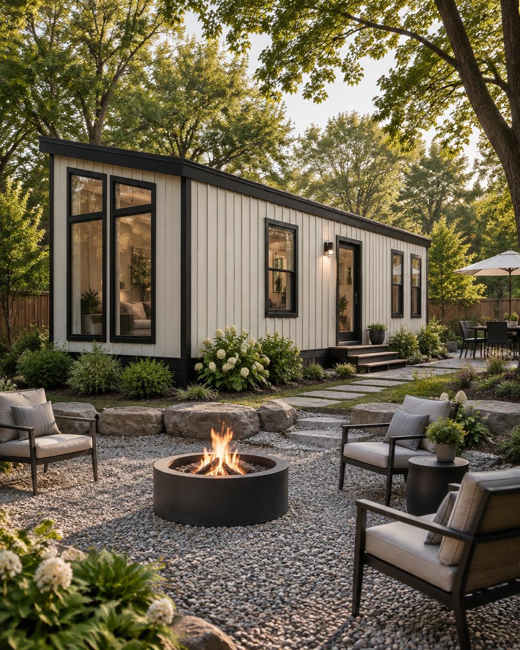 Illustrative concept of a cream park model with black trim and a shed roof in a mature garden, with a separate round fire pit on gravel