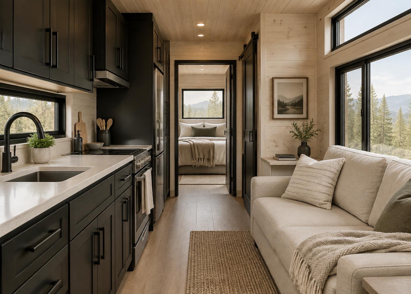 Illustrative interior concept with a compact galley, pale timber lining, black cabinetry and an oat sofa