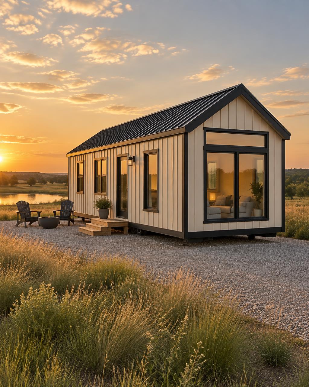Illustrative concept of a cream park model with black trim and a pitched gable roof on open farmland at golden hour