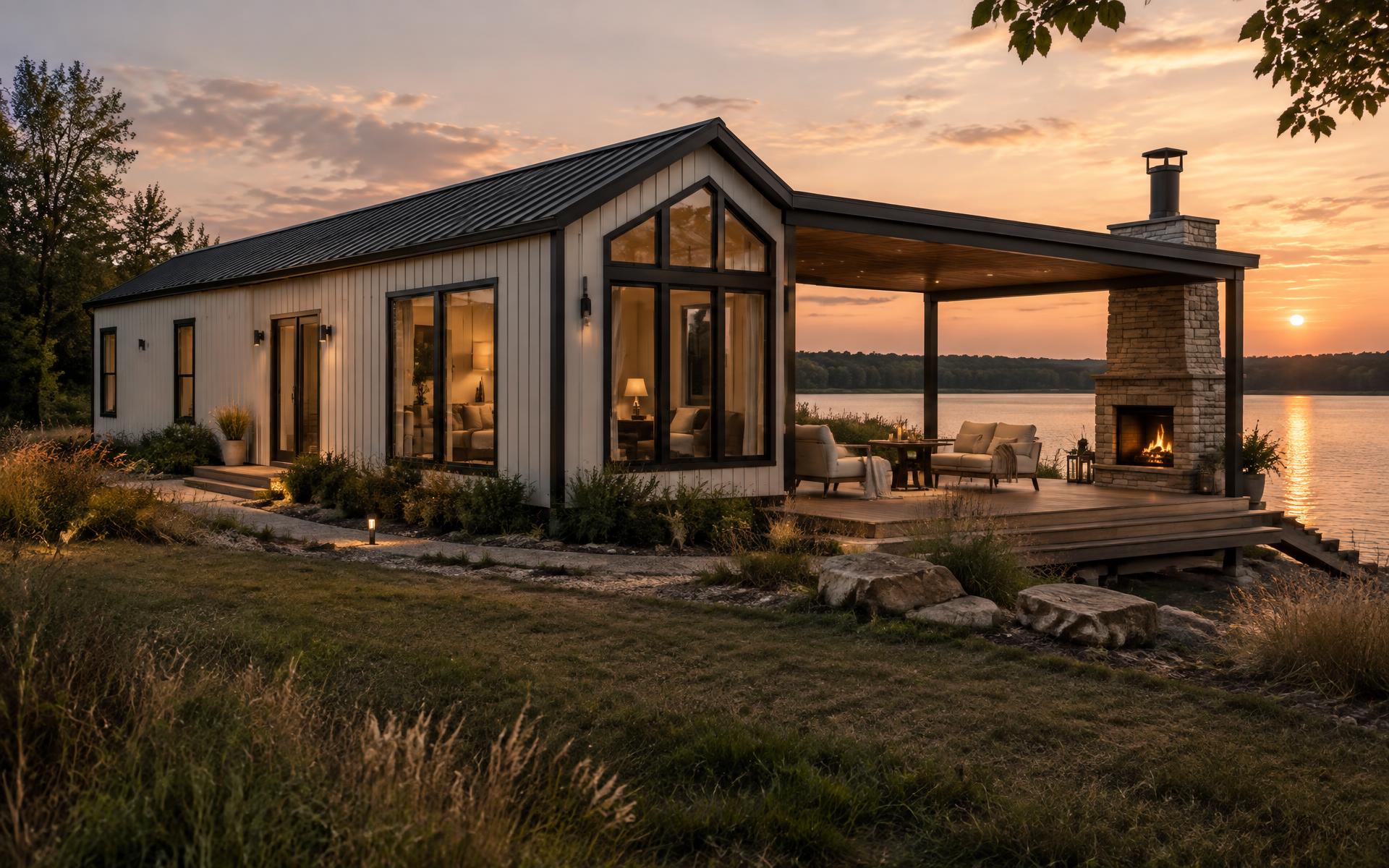 Illustrative lake concept of a cream gable-roof park model and attached covered deck extension with an outdoor stone fireplace