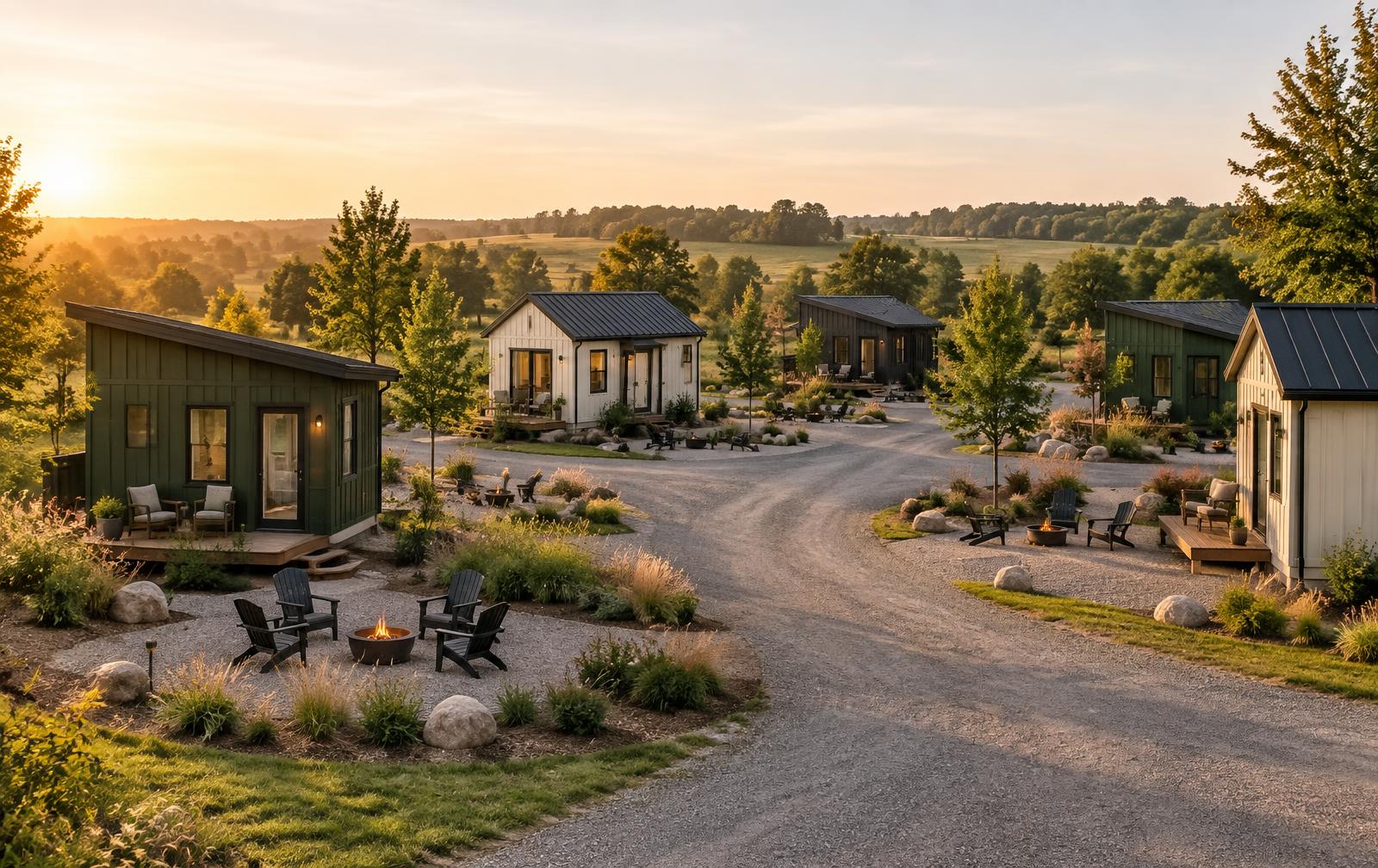 Illustrative low-density campground concept with cream, forest-green and charcoal park models, mixed gable and shed roofs, and separate fire-pit seating areas