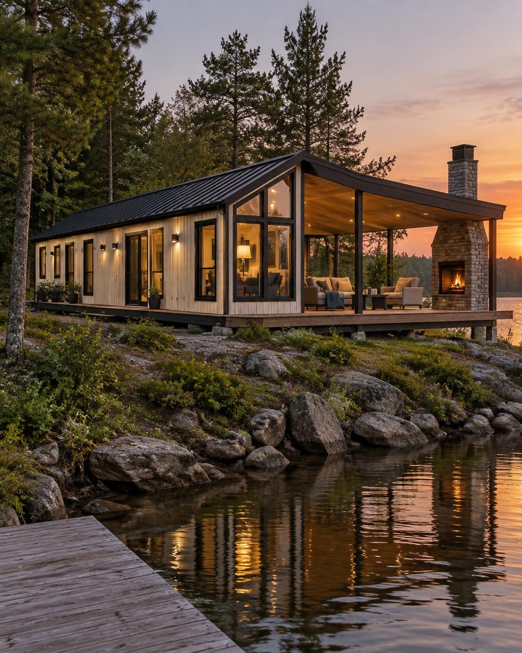 Illustrative concept of a cream gable-roof park model beside a lake with an attached covered deck extension and stone outdoor fireplace
