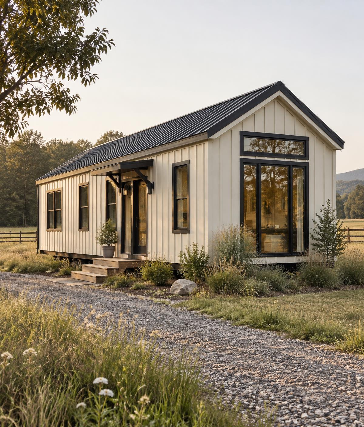 Illustrative concept of the Entry park model with warm cream vertical siding, black trim and a compact pitched gable roof in a meadow