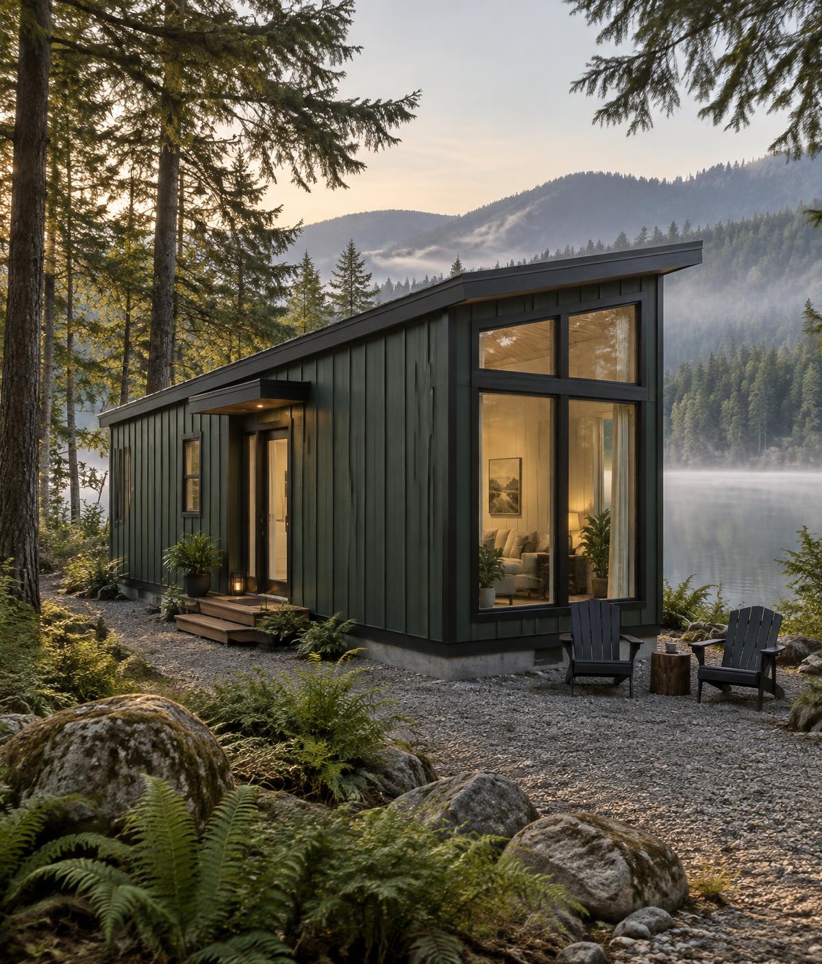 Illustrative concept of the Mid park model with forest-green vertical siding, dark trim, a shed roof and a sheltered threshold beside a lake
