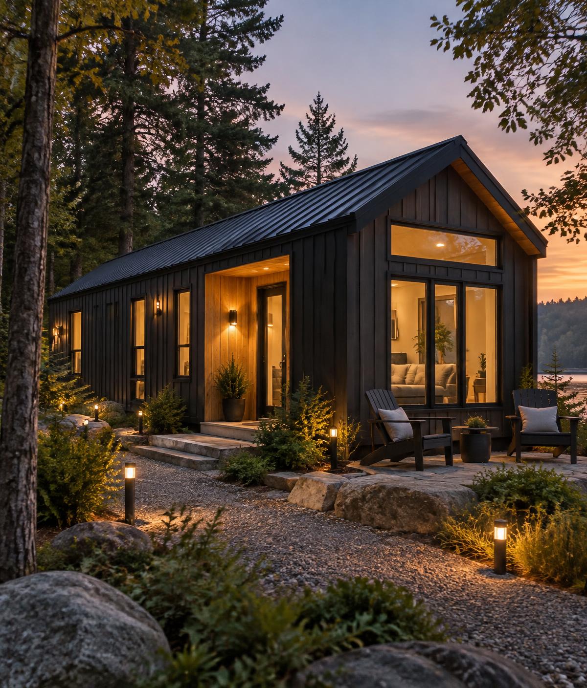 Illustrative dusk concept of the Reserve park model with charcoal siding, timber entry details and a pitched gable roof