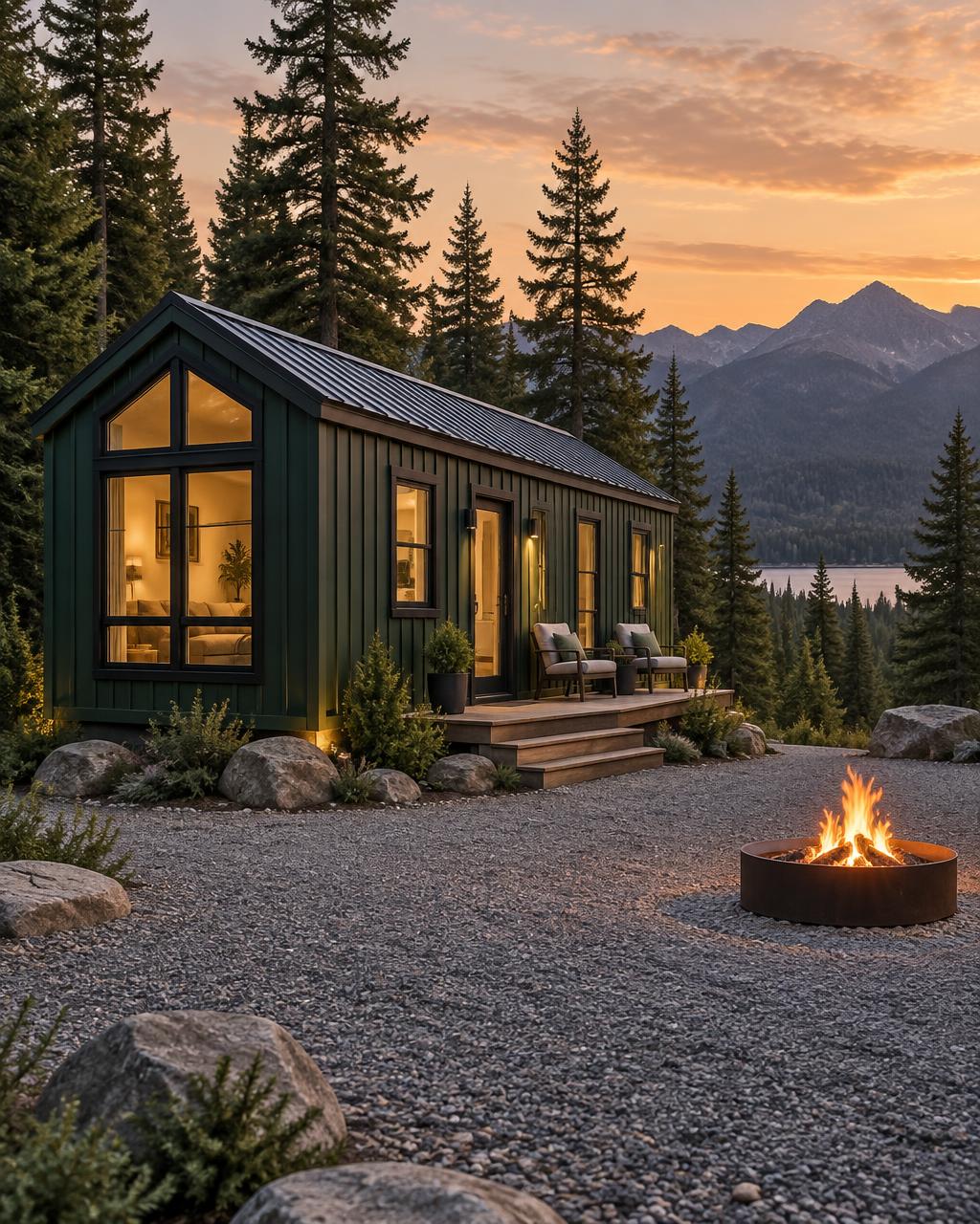 Illustrative concept of a forest-green park model with dark trim and a pitched gable roof among mountain conifers, with a separate fire pit on gravel