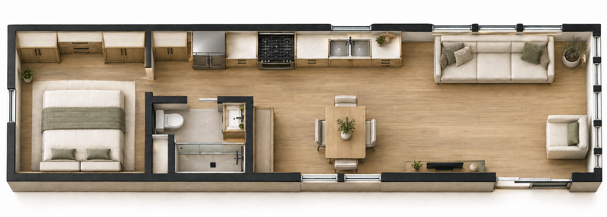 Generated furnished concept for Elevation 7-108; approximate interior and furnishing layout, not measured CAD